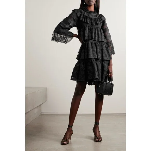 Doen Oralie Lace Tiered Dress size S NWT A-Line Black Witchy Whimsigoth - Picture 4 of 15